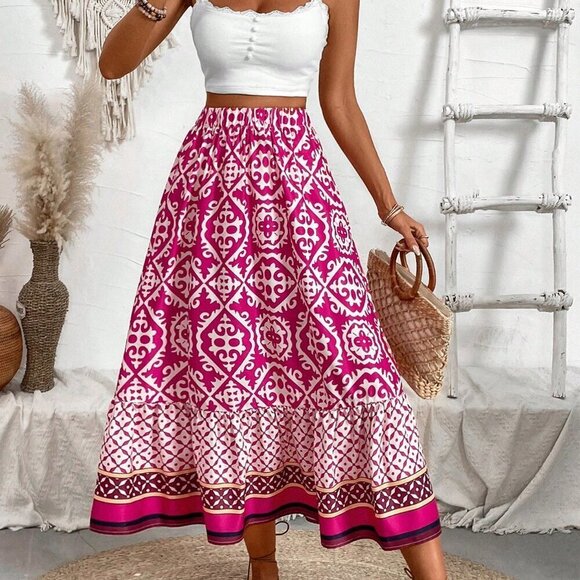 Hot Pink Boho Women's Colorblock Floral Print Ruffle Hem Skirt Maxi Outfit - Picture 5 of 8